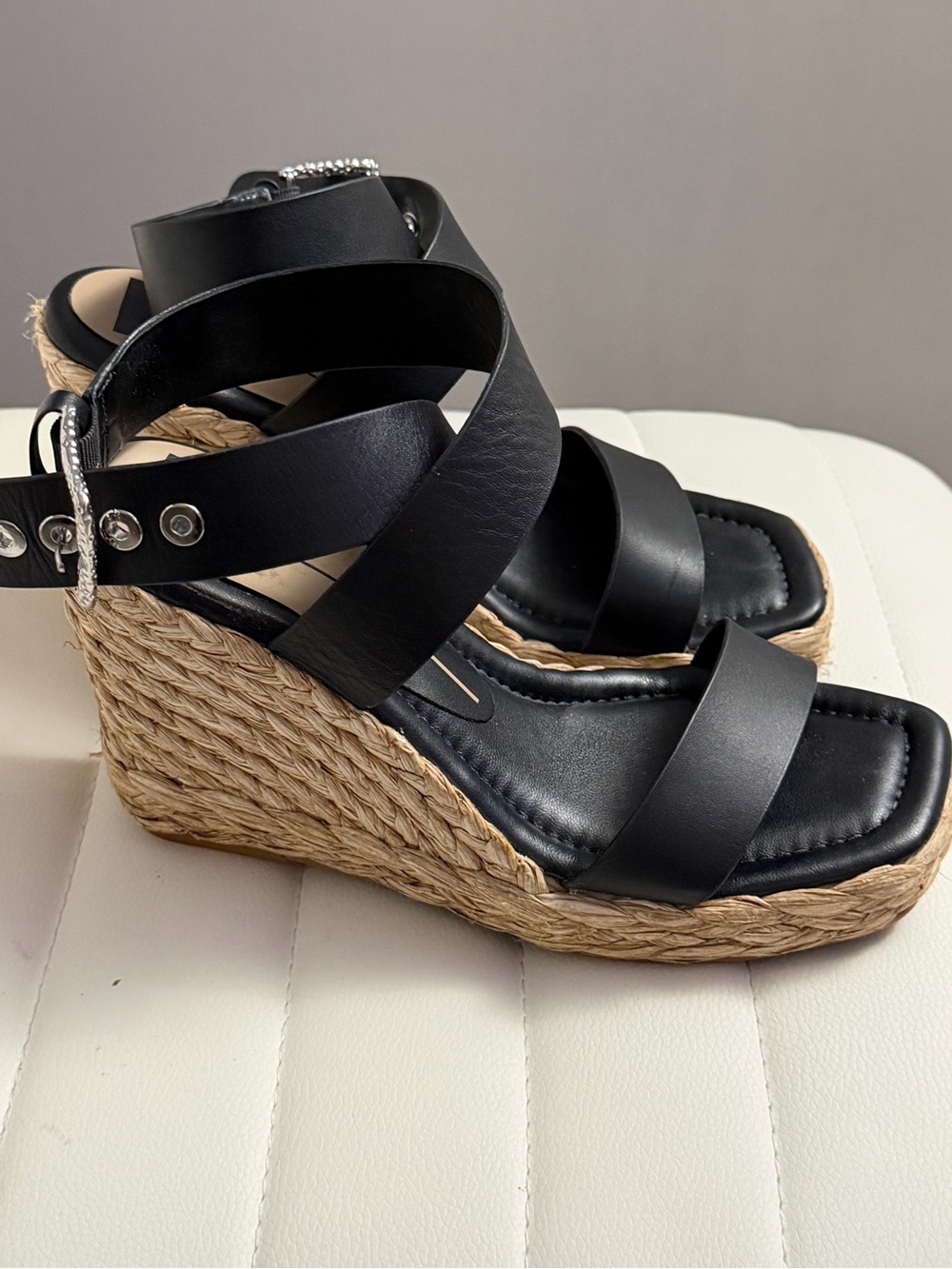 Dolce Vita Black Leather Espadrille Wedge Sandals